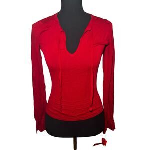 FRIENDS Red V-Neck Sweater with Drawstring Neck Boho Size Medium